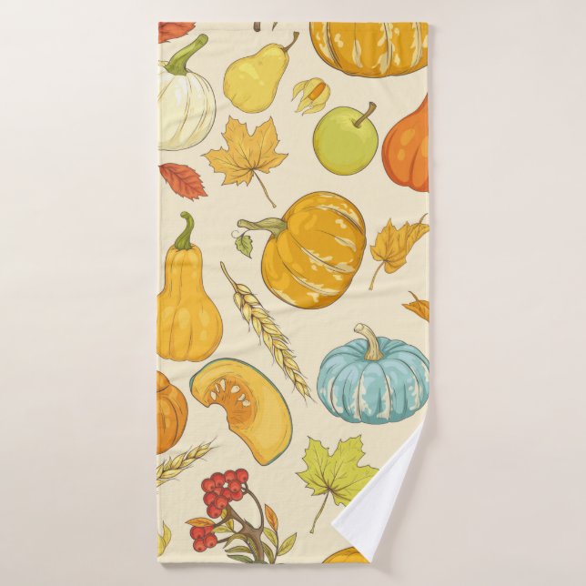 Motif sans couture avec citrouilles, feuilles d'au (Serviette de bain)
