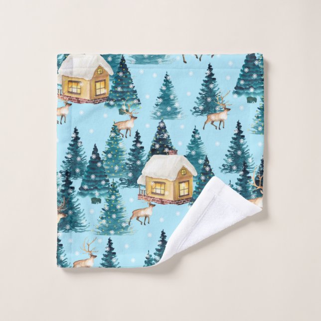 Motif sans couture avec village d'hiver dans la fo (Gant de toilette)