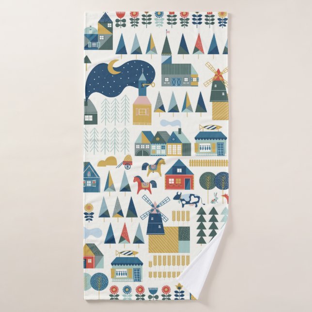 Motif sans couture avec village scandinave dans le (Serviette de bain)