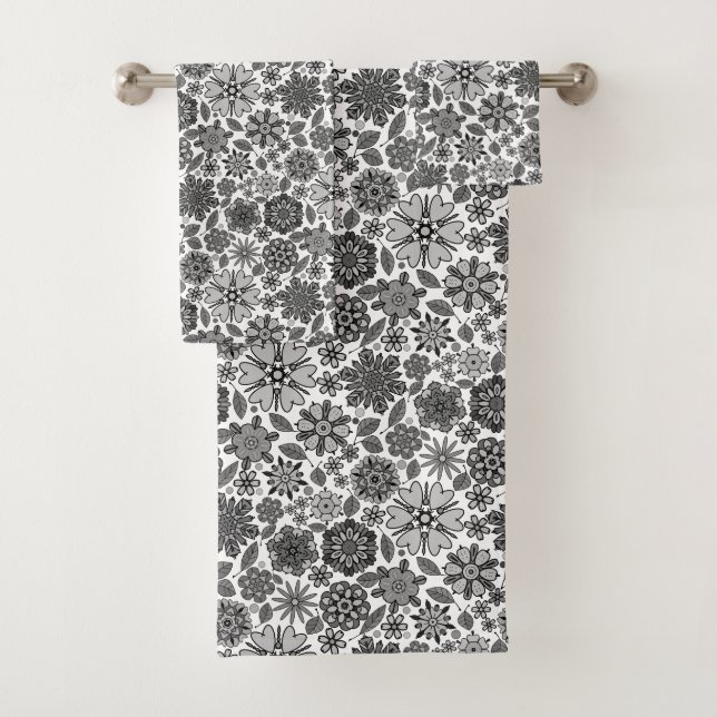 Motif sans couture d'art floral rétro noir gris bl (En situation)