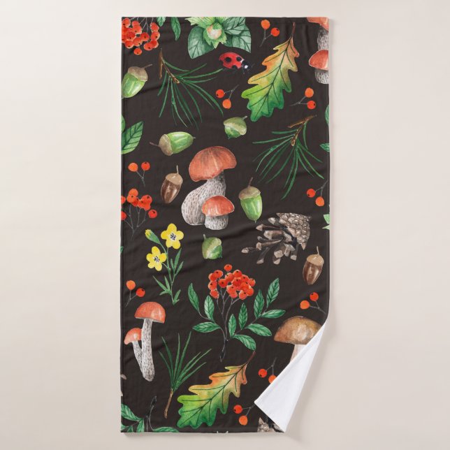 Motif sans joint avec champignons, noix, feuilles, (Serviette de bain)