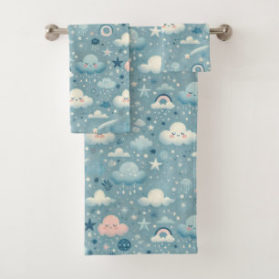 Motif Sky Whimsical avec nuages, étoiles - Bleu