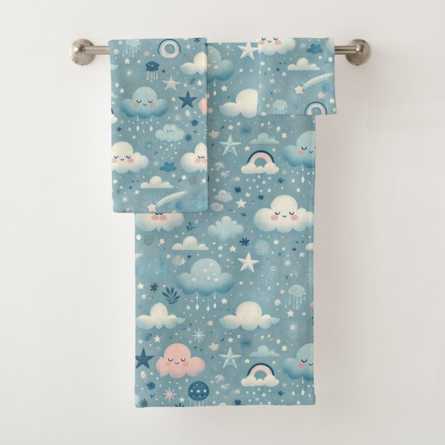 Motif Sky Whimsical avec nuages, étoiles - Bleu (En situation)