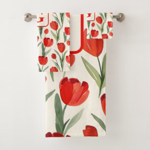 Motif tulipe rouge monogramme personnalisé