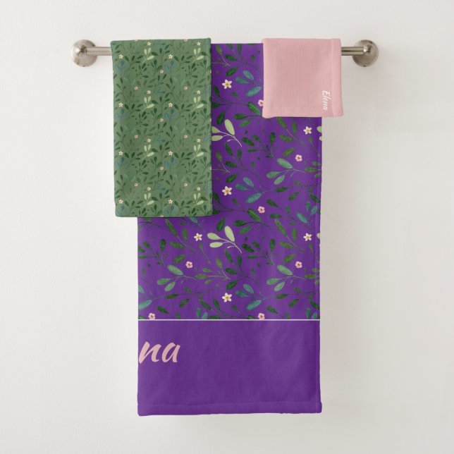Motif vert feuille nom clair violet serviette de b (En situation)