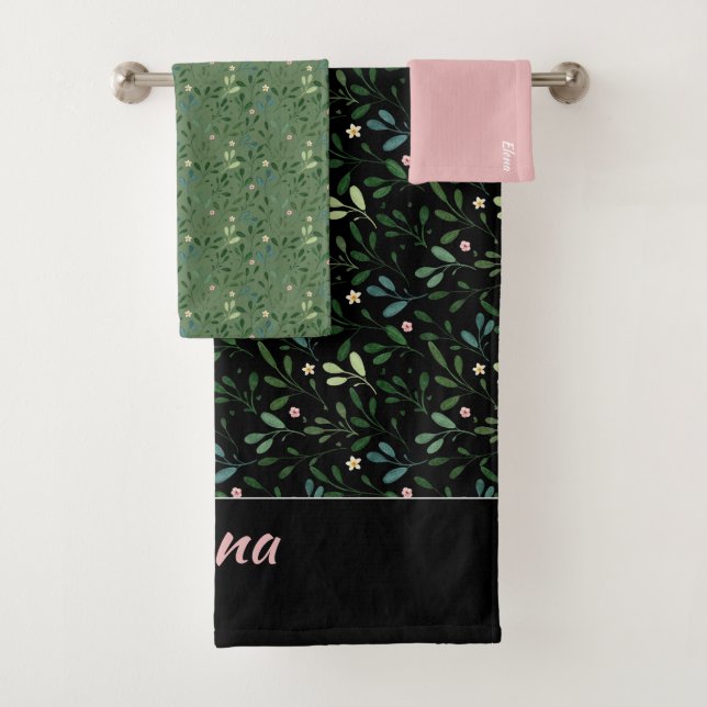 Motif vert feuille nom noir rose serviette de bain (En situation)