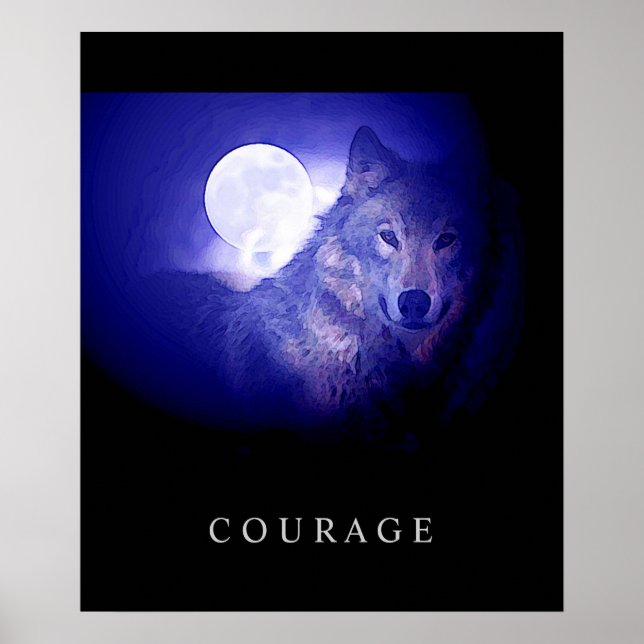 Motivational Courage Wolf Blue Night Moon Poster (Devant)