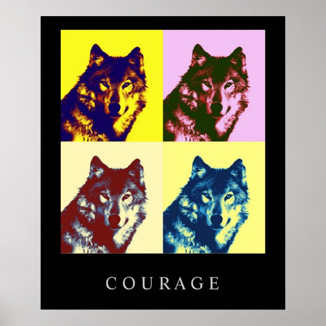 Motivational Pop Art Courage Wolf Poster Imprimer (Devant)