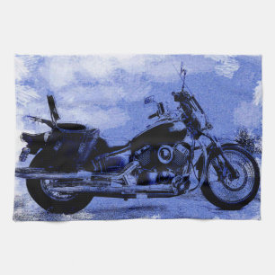 Moto ancienne bleue sur torchon de cuisine