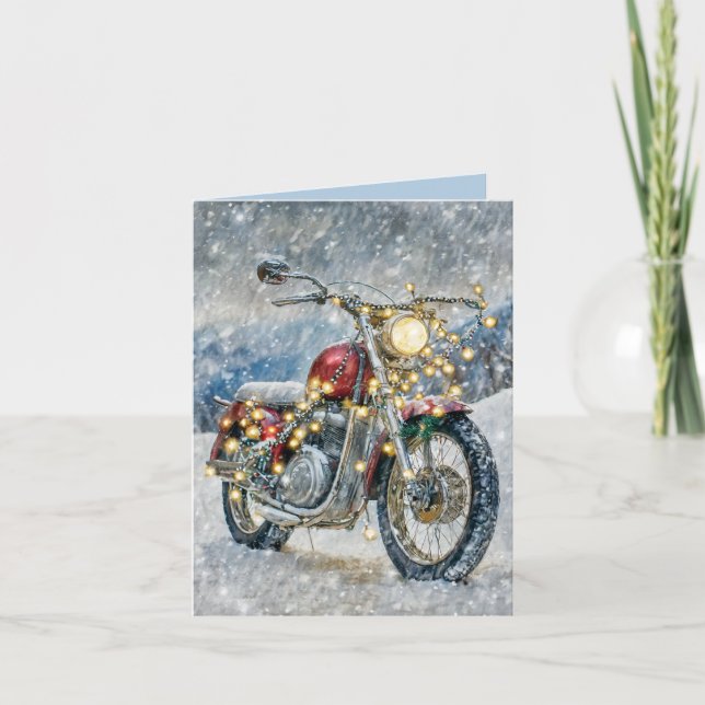 Moto rouge avec les feux de Noël Carte de vacances (Devant)