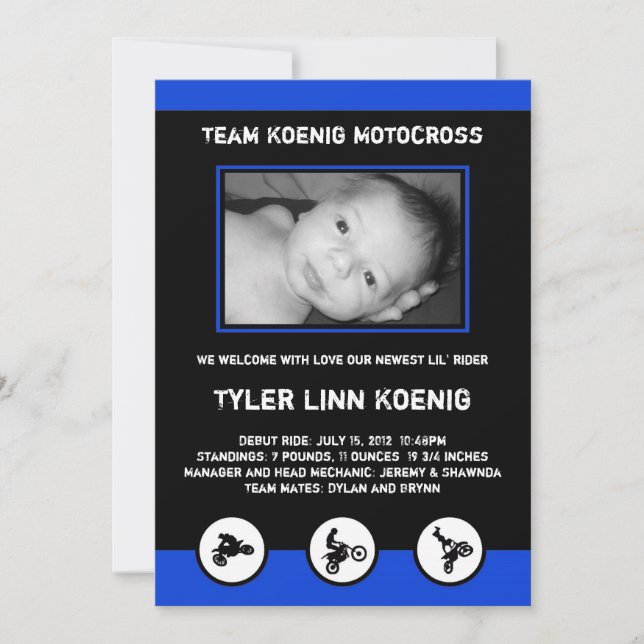 Motocross Dirt Vélo Faire-part de naissance bleu/n (Devant)