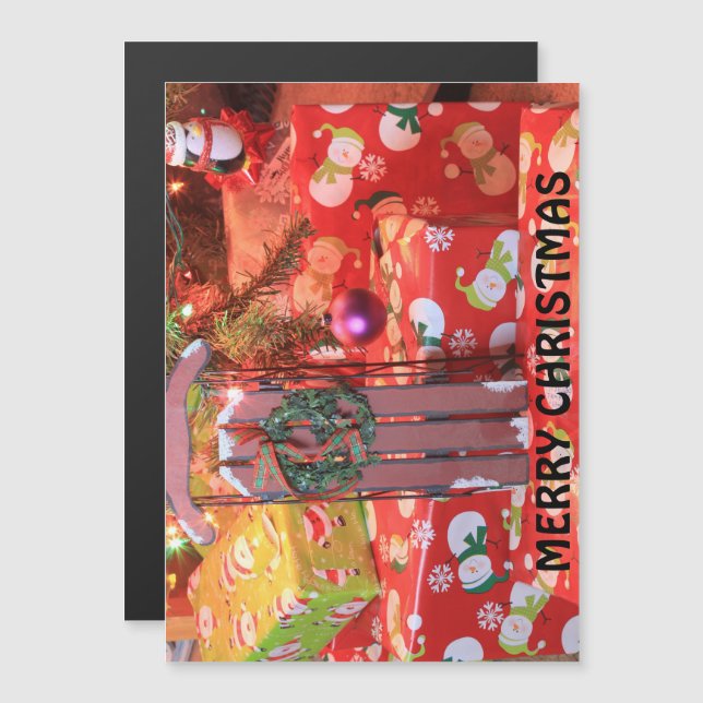 Motoneige de Noël avec couronne Carte magnétique (Devant / Derrière)