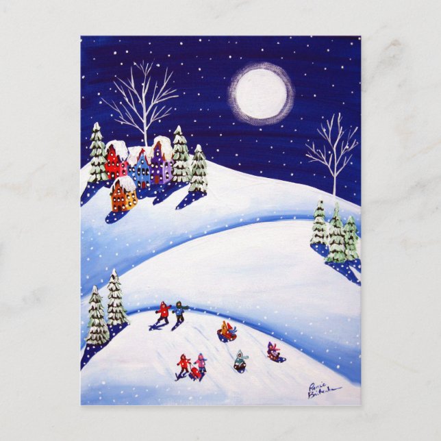 Motoneige Sous Lune Hiver Folk Art Cartes postales (Devant)