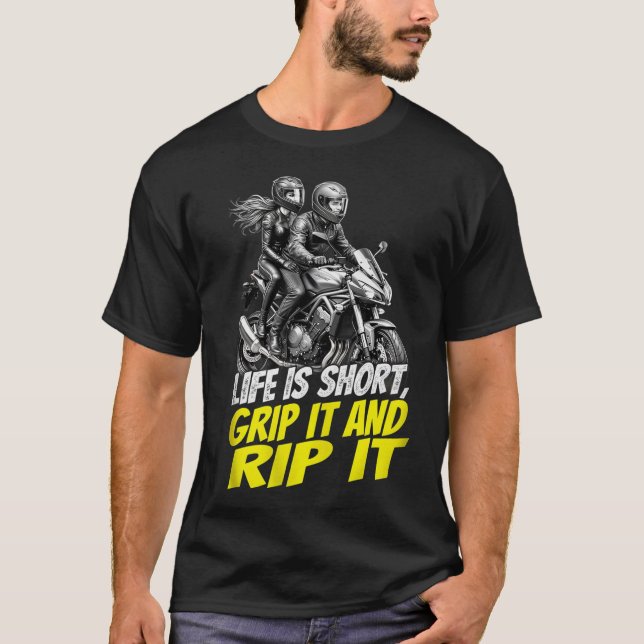 Motorcycle Couple Grip It And Rip It Biker T-Shirt (Devant)