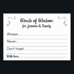 Mots de la sagesse Mariage Cartes de conseil Perso<br><div class="desc">Ces cartes de conseil personnalisées chères seront le complément parfait à votre réception de mariage ou douche de mariage/couple. Ce design combine des polices noires et des accents gris acier. La carte permet aux clients de laisser leur conseil sur des sujets tels que "Toujours" faire, "Ne jamais" faire et "N'oubliez...</div>