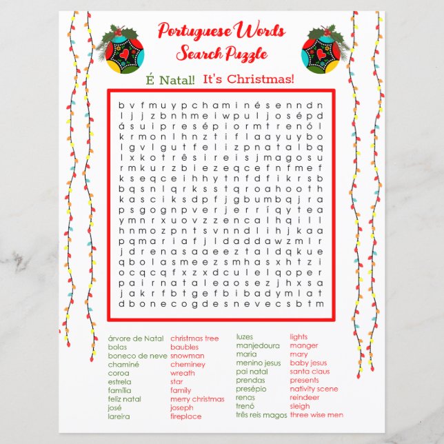Mots portugais de Noël Recherche Puzzle pour enfan (Devant)