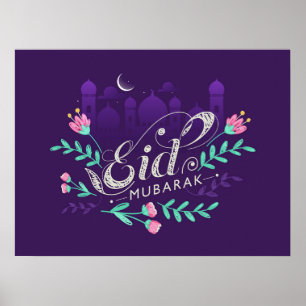 Moubarak de l'Aïd avec fleurs mosquées et affiche 