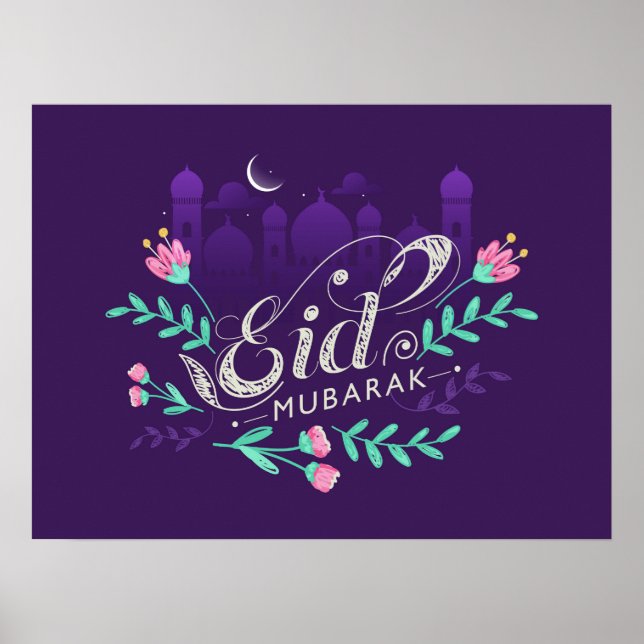 Moubarak de l'Aïd avec fleurs mosquées et affiche  (Devant)