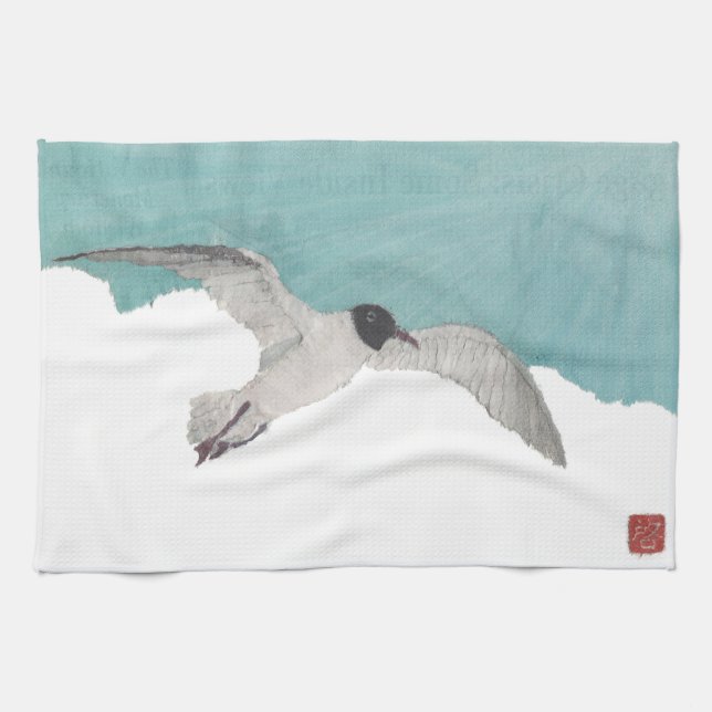 Mouette, ciel bleu, nuage, serviette de cuisine (Horizontal)