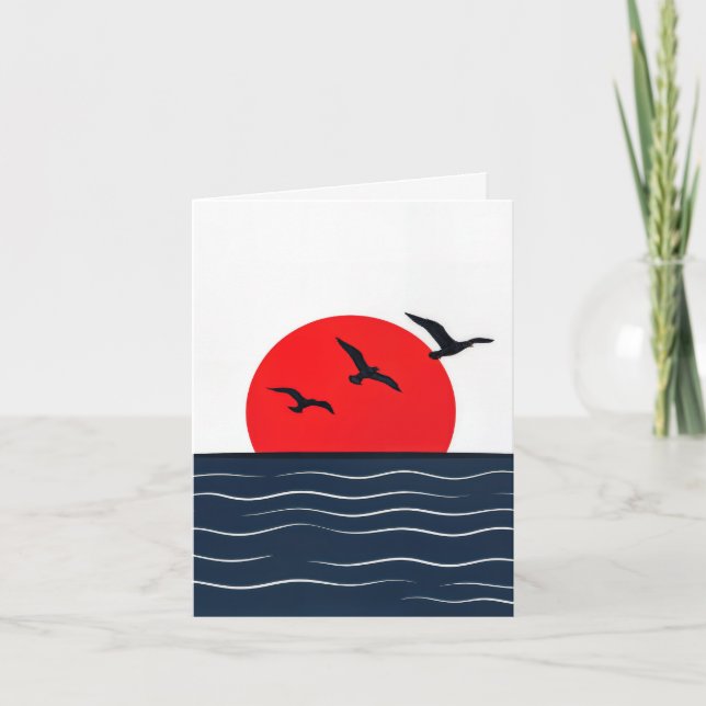 Mouettes sur carte avec soleil rouge dans l'océan (Devant)