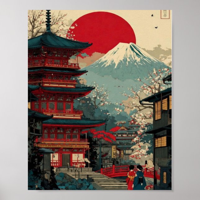 Mount Fuji & Red Pagoda Poster – Japanese Sunrise  (Devant)