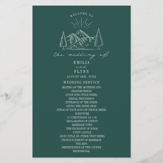 Mountain Line Art Programme de mariage émeraude (Devant)