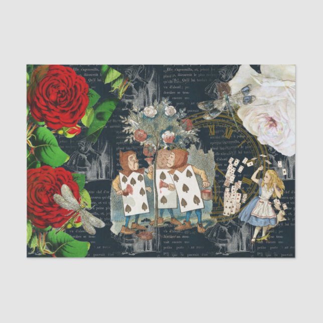 Mousseline Alice Wonderland Cartes Roses Papier Tissu Littéra (Recto)