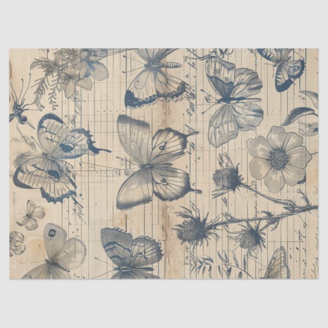 Mousseline Ancien papier avec papillons d'encre monochrome ro (Recto)