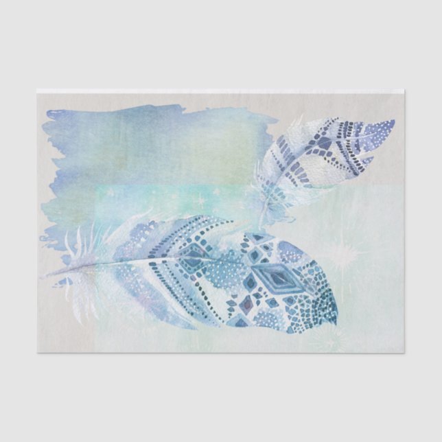 Mousseline Aquarelle bleu Boho Plumes Papier Tissu (Recto)