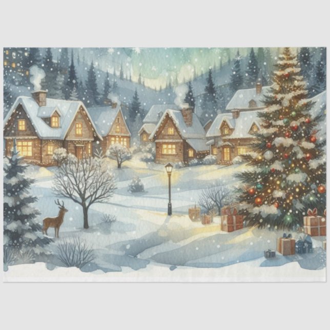 Mousseline Aquarelle Vintage Noël Ville Tissu Papier (Recto)