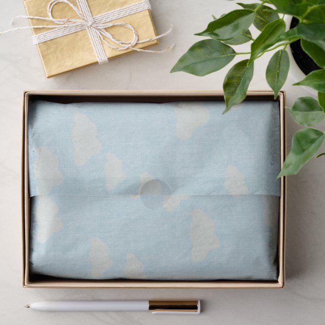 Mousseline Bleu avec nuages blancs Papier Tissu (Cadeau)
