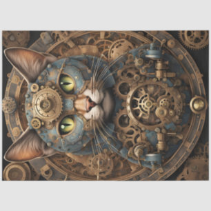 Mousseline bleu steampunk chat IA papier tissu art