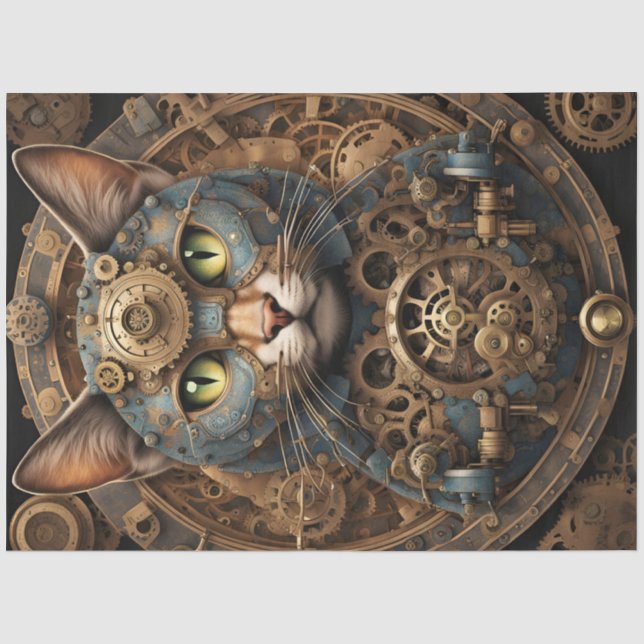 Mousseline bleu steampunk chat IA papier tissu art (Recto)