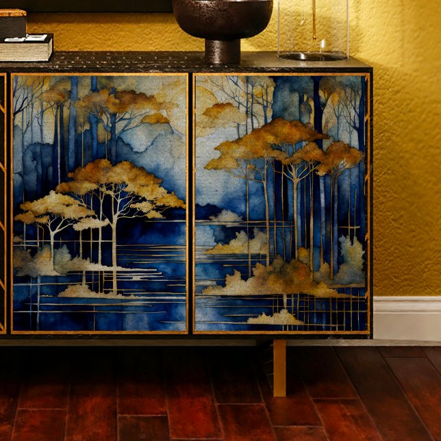 Mousseline Blue Lake Gold Trees Découpage papier tissu (Créateur téléchargé)