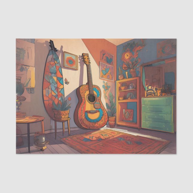 Mousseline Bohême Guitare Découpage Tissu Papier (Recto)