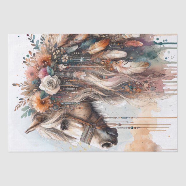 Mousseline Boho Aquarelle Florale Plumes Cheval Tissu Papier (Recto)