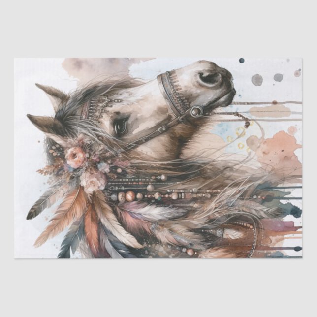 Mousseline Boho Aquarelle Florale Plumes Cheval Tissu Papier (Recto)