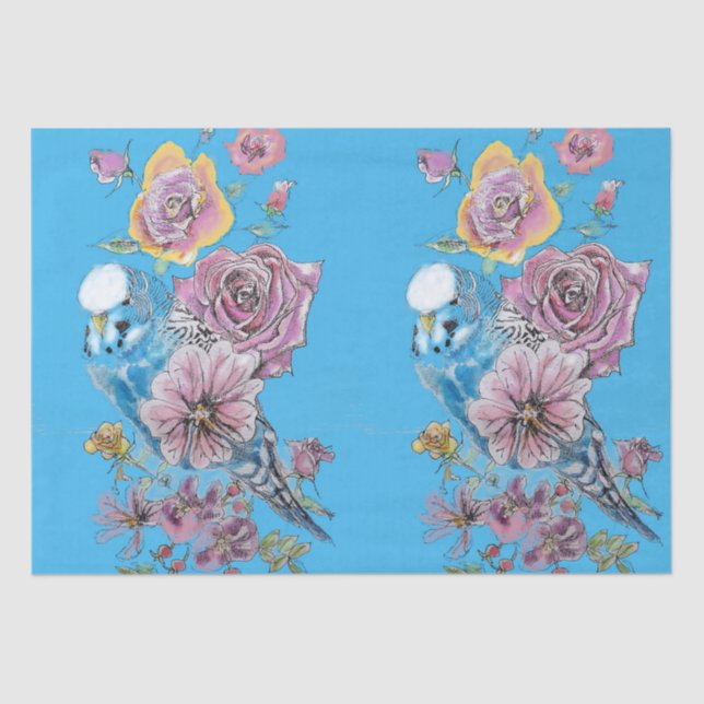 Mousseline Bougie bleue Rose motif floral papier de tissus bl (Recto)