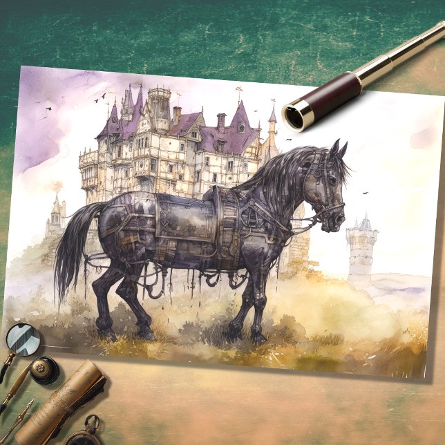 Mousseline Cheval avec Castle Steampunk 1 Decoupage Papier (Créateur téléchargé)