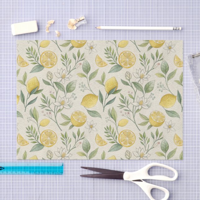 Mousseline Citrons & Fleurs Papier Tissu Motif (Artisanat)