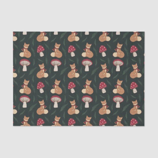 Mousseline Cute Cosy Fox avec champignons, vert. Papier Mouss (Recto)