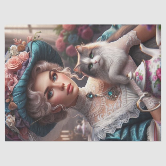 Mousseline Dame victorienne avec Casquette bleu et papier de  (Recto)