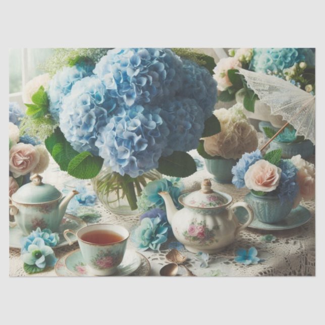 Mousseline Découpage papier tissue Hydrangea bleue et théière (Recto)