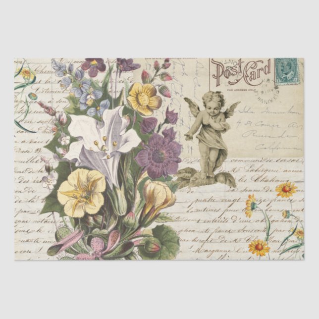 Mousseline Élégant Fleurs Vintages Cherub Script Tissu Papier (Recto)