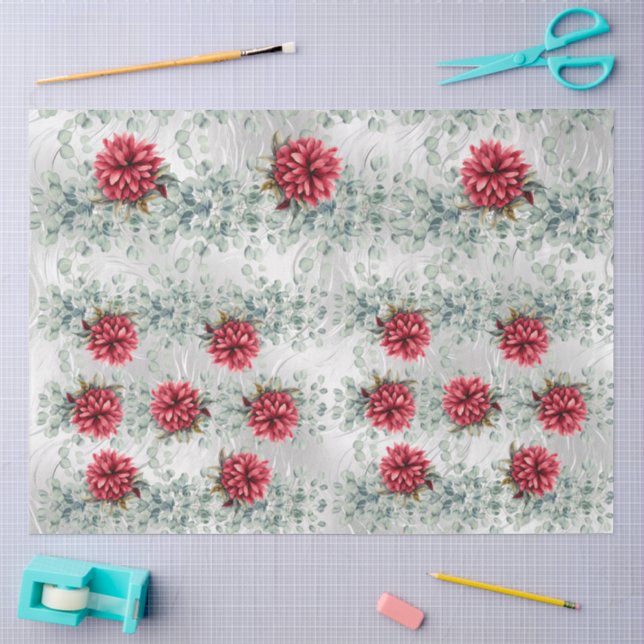 Mousseline Eucalyptus & Fleurs Rouges sur Découpage de Papier (Artisanat)