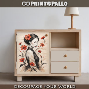 Mousseline Femme japonaise encre sur portrait en papier de ri
