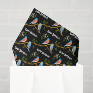 Mousseline Feuilles de papier d'emballage noir avec merles bl
