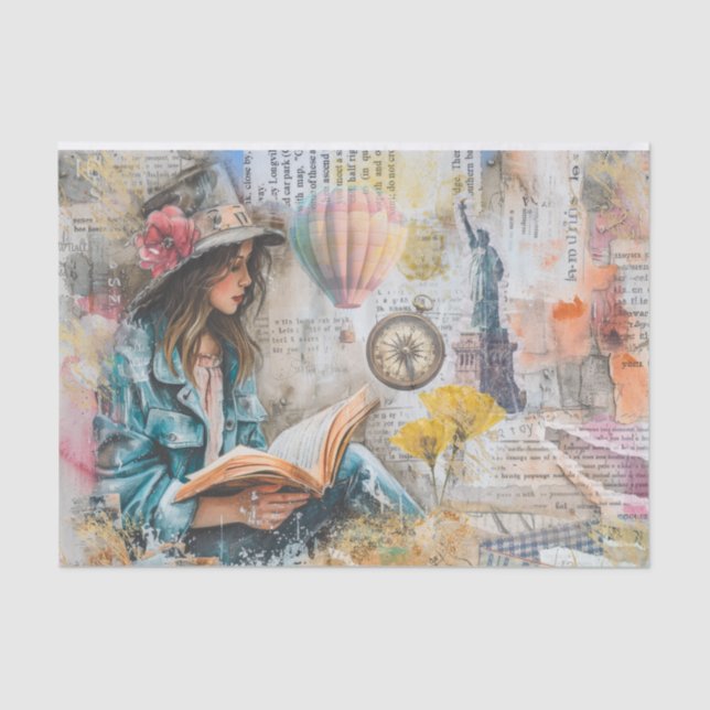 Mousseline Fille Lecture Collage Style Découpage Papier (Recto)