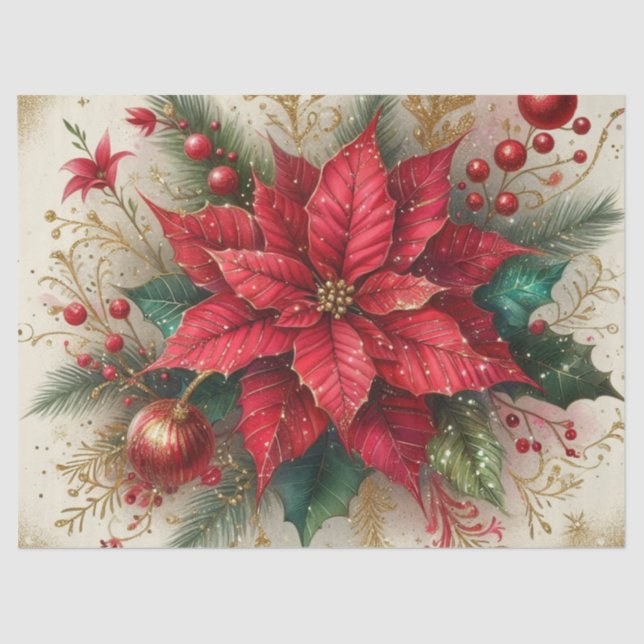 Mousseline Fleur de Noël Poinsettie rouge Papier Tissu (Recto)