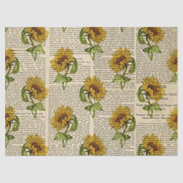 Mousseline Fleurs de soleil et papier journal Vintage (Recto)